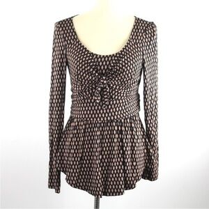 Anthropologie Meadow Rue Tan and Black Josalyn Diamond Print Tie Front Top